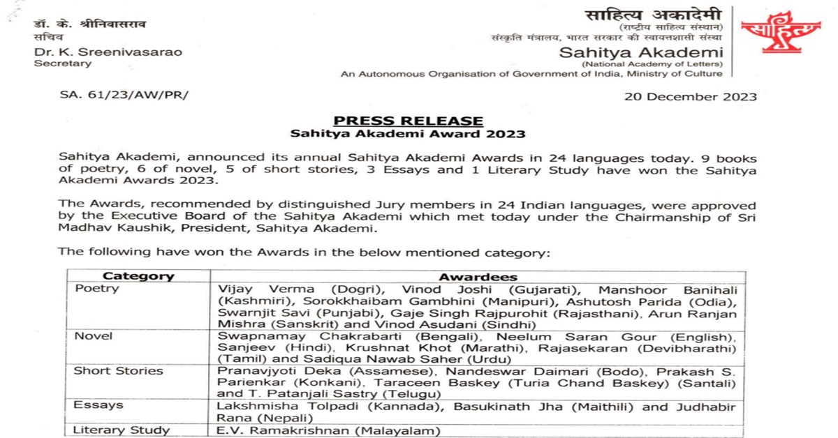 Sahitya Akademi Award 2023 announced - GK Now thumbnail