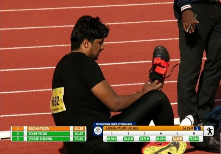 Sachin Yadav (Uttar Pradesh) set a new National Games record (84.39m) to win gold in Javelin Throw