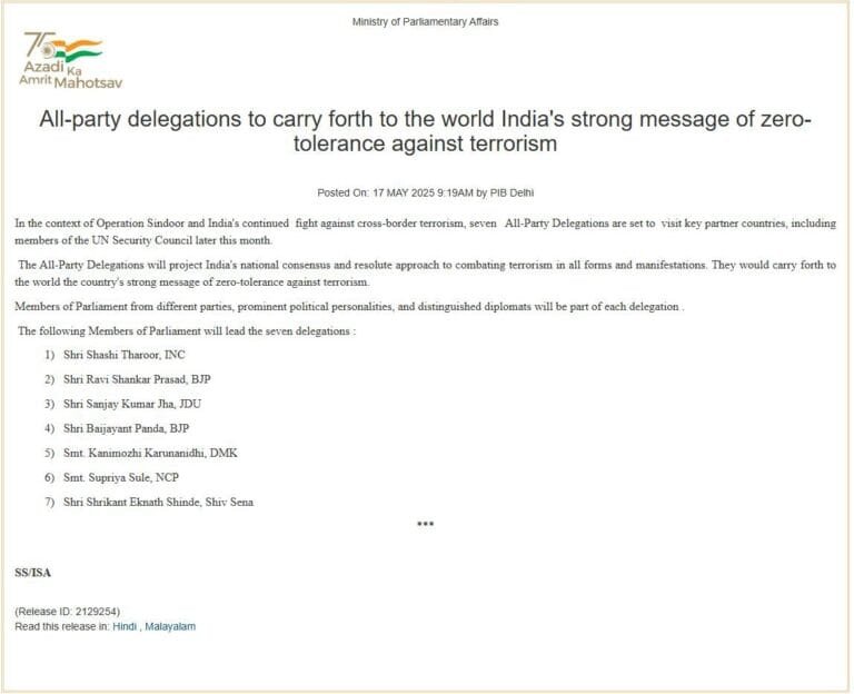 Seven All-Party Delegations to Visit 32 Nations under Operation Sindoor