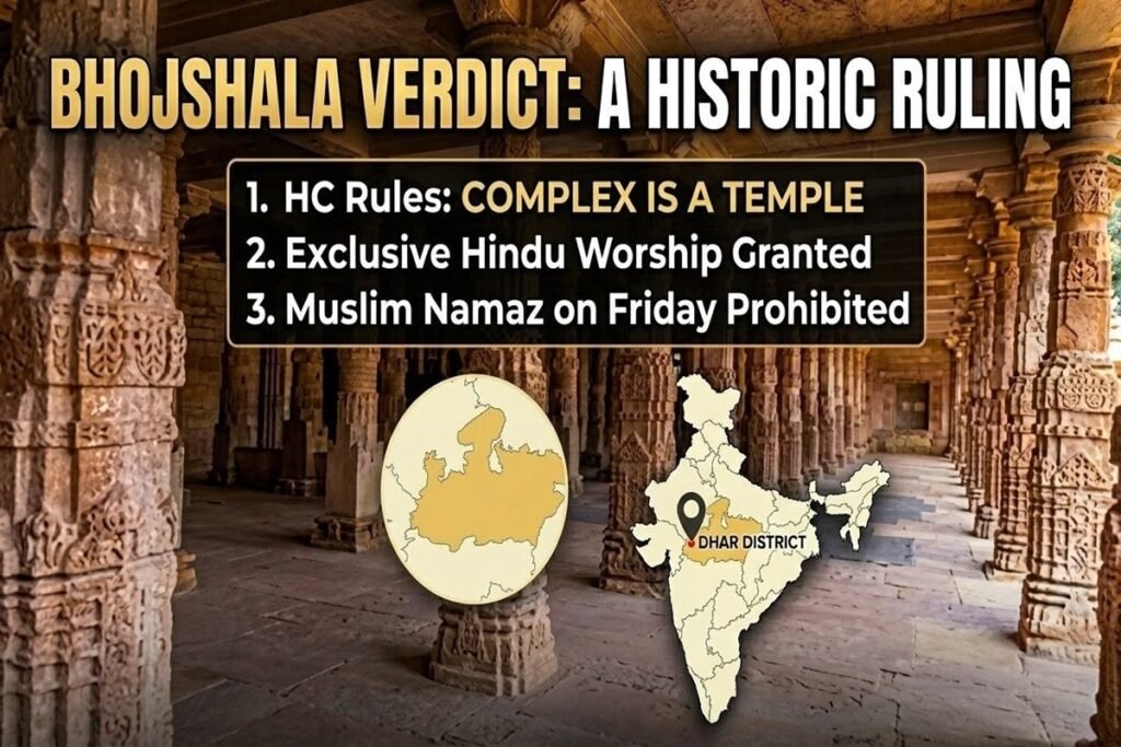मध्य प्रदेश स्थित भोजशाला परिसर को देवी सरस्वती का मंदिर घोषित किया गया।