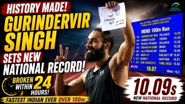 गुरिंदरवीर सिंह ने फेडरेशन कप 2026 में पुरुषों की 100 मीटर दौड़ में नया राष्ट्रीय रिकॉर्ड बनाया।