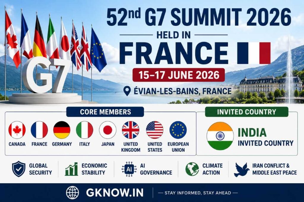 52वां G7 शिखर सम्मेलन 2026 फ्रांस में 15-17 जून 2026 को आयोजित हुआ।
