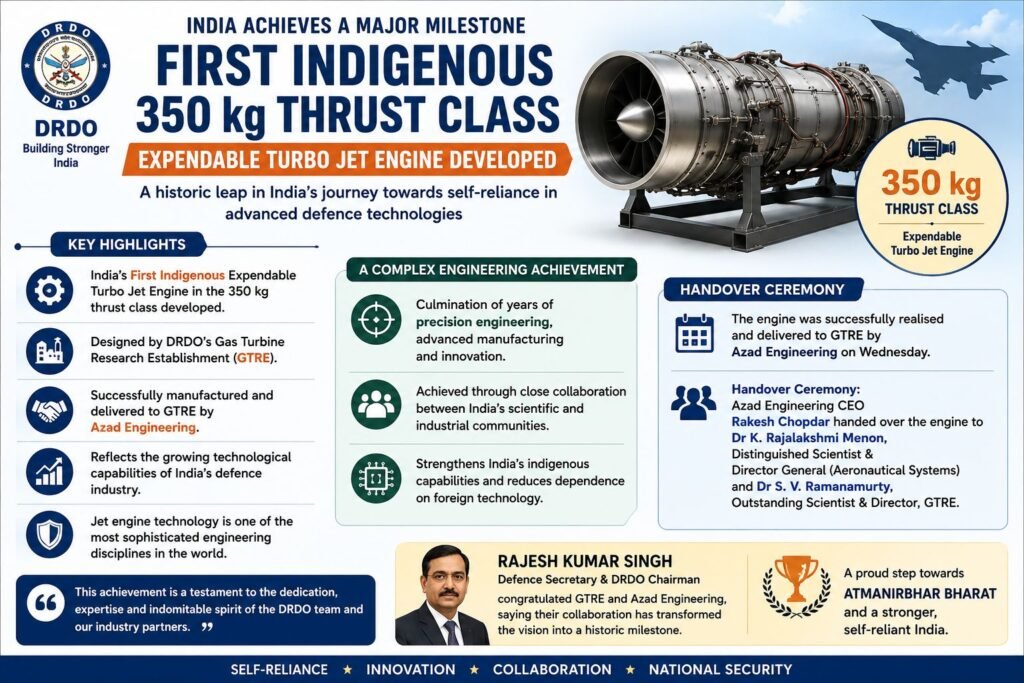 भारत ने 350 kg थ्रस्ट क्लास का पहला स्वदेशी एक्सपेंडेबल टर्बो जेट इंजन विकसित किया।