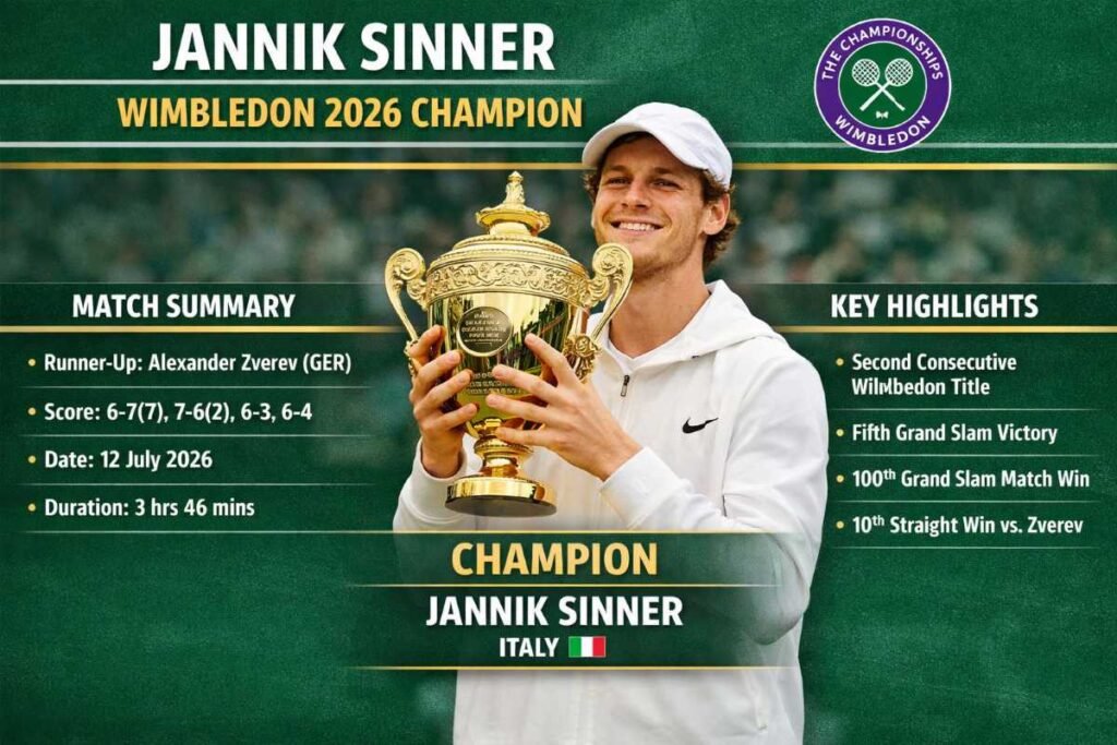 Jannik Sinner Wins Wimbledon 2026 Men’s Singles Title