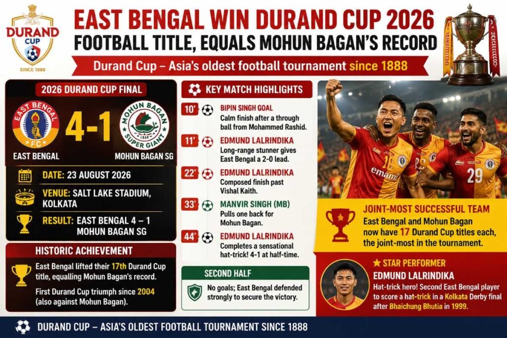 ईस्ट बंगाल ने 2026 डूरंड कप फुटबॉल टूर्नामेंट जीता।