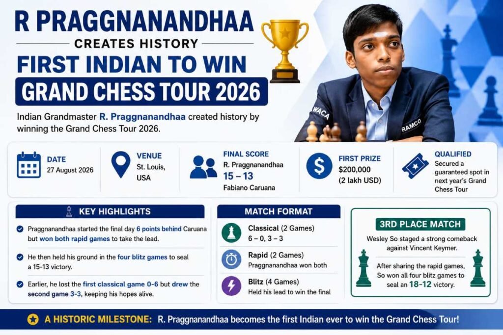 आर. प्रज्ञाननंदा ग्रैंड चेस टूर 2026 जीतने वाले पहले भारतीय बने।