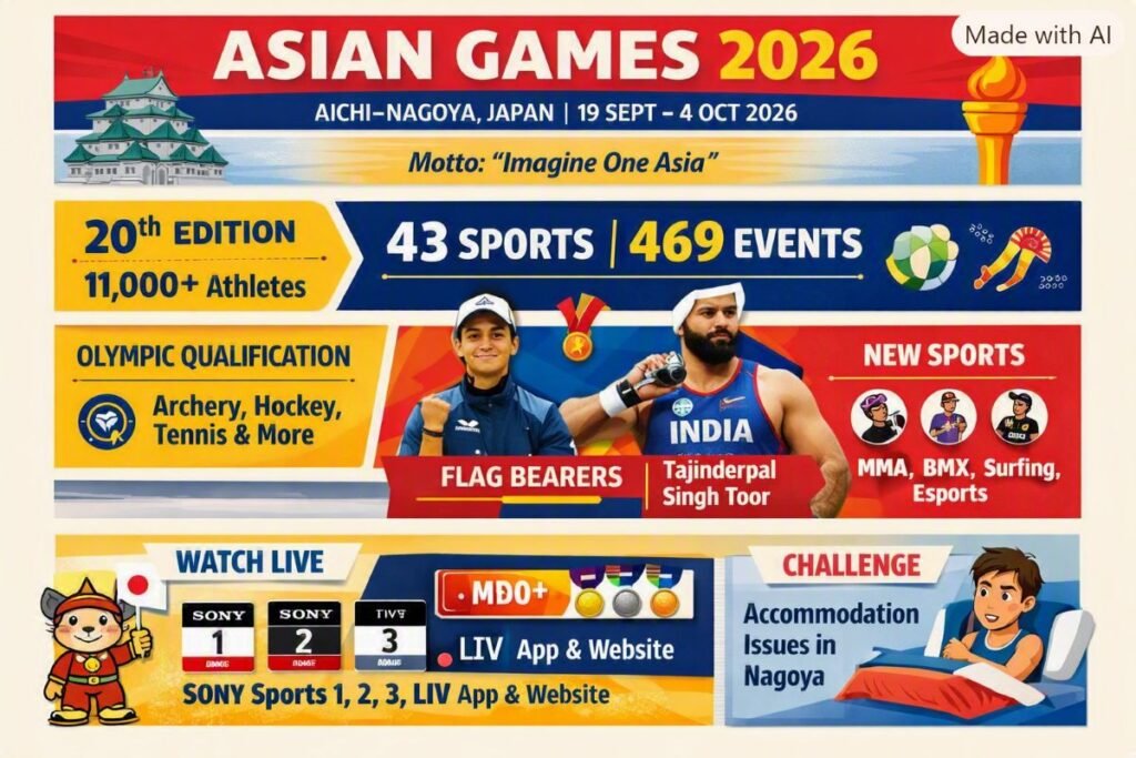 एशियाई खेल 2026: आइची-नागोया, जापान (19 सितंबर – 4 अक्टूबर)