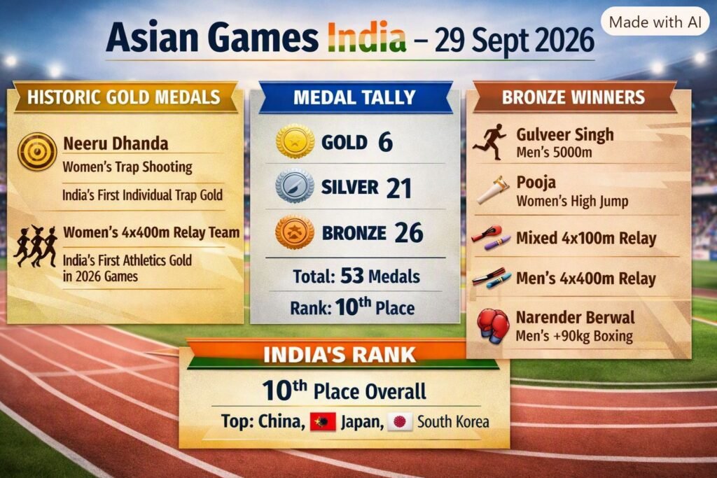 एशियाई खेल 2026 – 29 सितंबर को भारत का प्रदर्शन