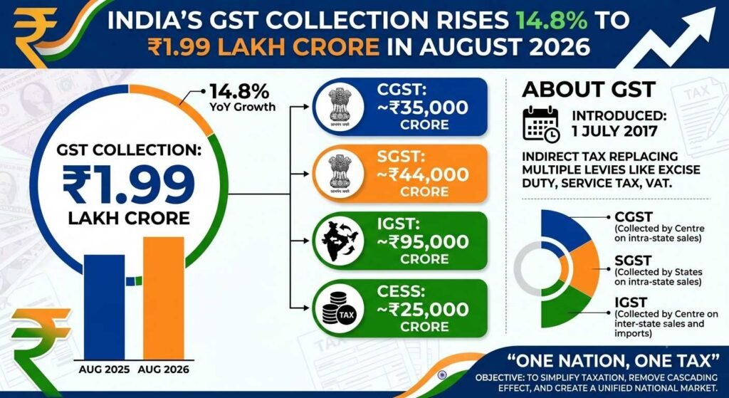 India’s GST Collection Rises 14.8% to ₹1.99 Lakh Crore in August 2026