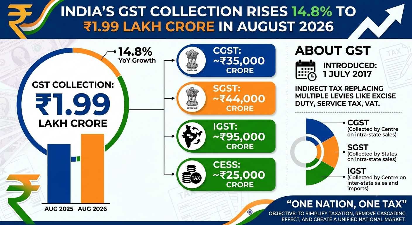 अगस्त 2026 में भारत का GST कलेक्शन 14.8% बढ़कर ₹1.99 लाख करोड़ हो गया।