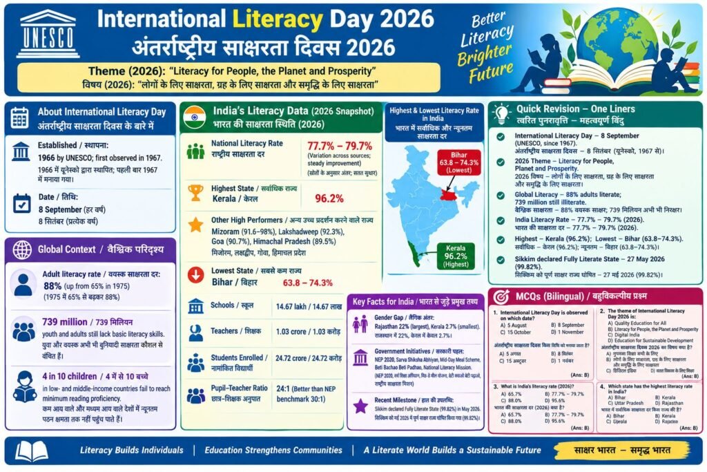 अंतर्राष्ट्रीय साक्षरता दिवस 2026: थीम, साक्षरता दर और महत्वपूर्ण तथ्य