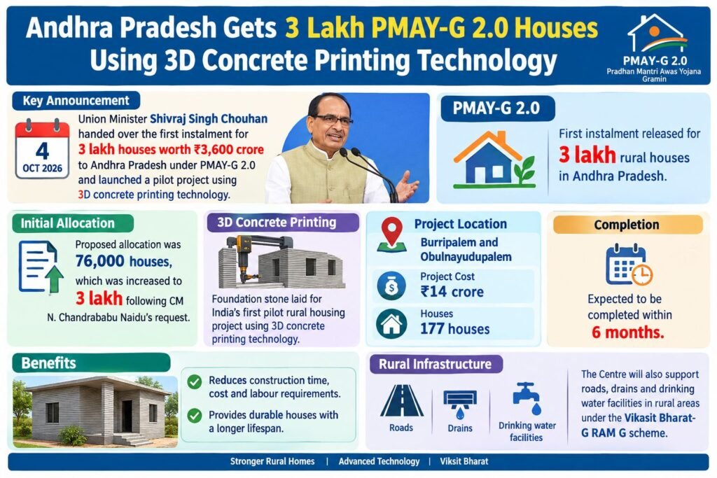 आंध्र प्रदेश को 3D कंक्रीट प्रिंटिंग टेक्नोलॉजी से PMAY-G 2.0 के तहत 3 लाख घर मिले।
