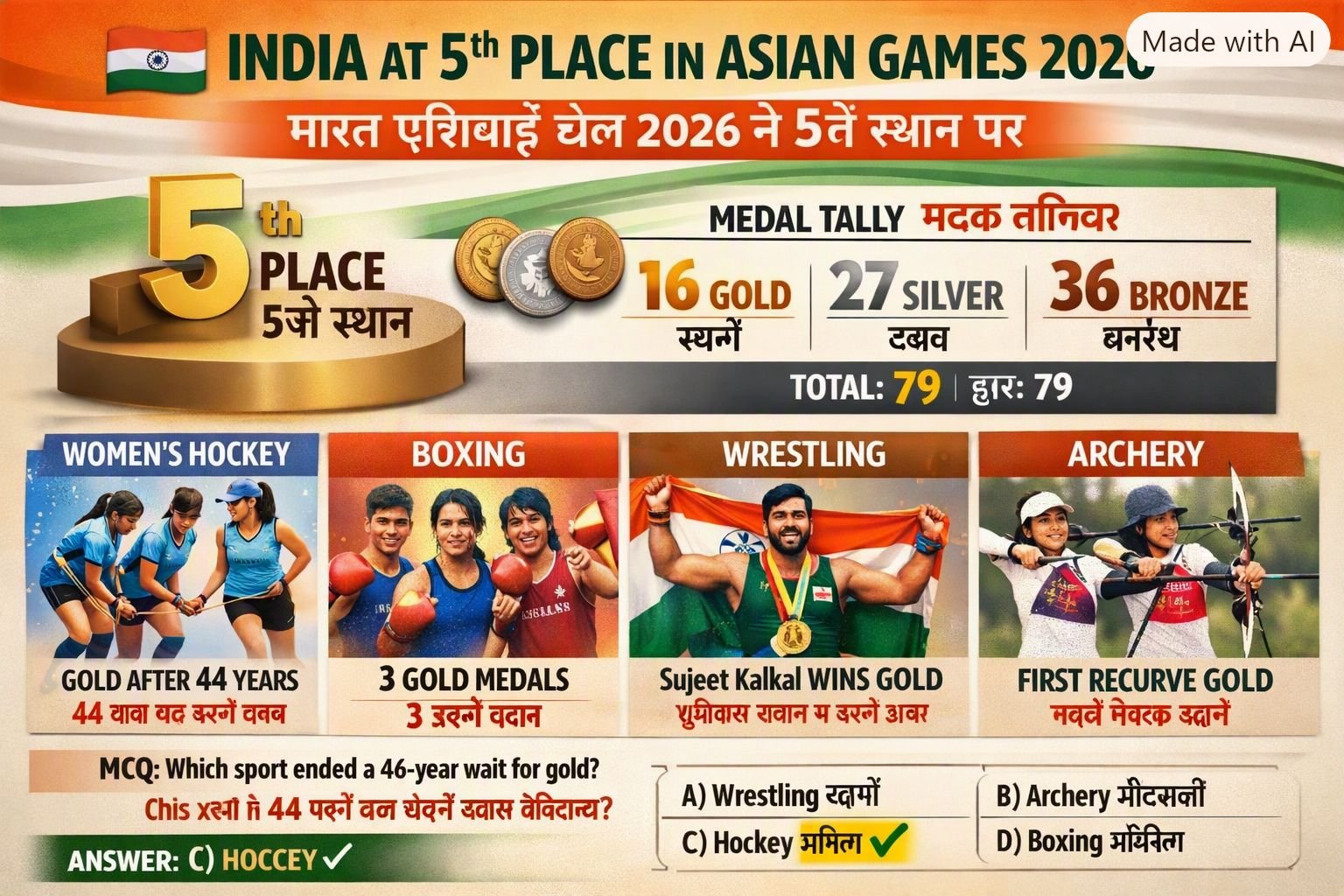 Asian Games 2026: India Wins 16 Gold Medals and Rises to 5th in Medal Tally