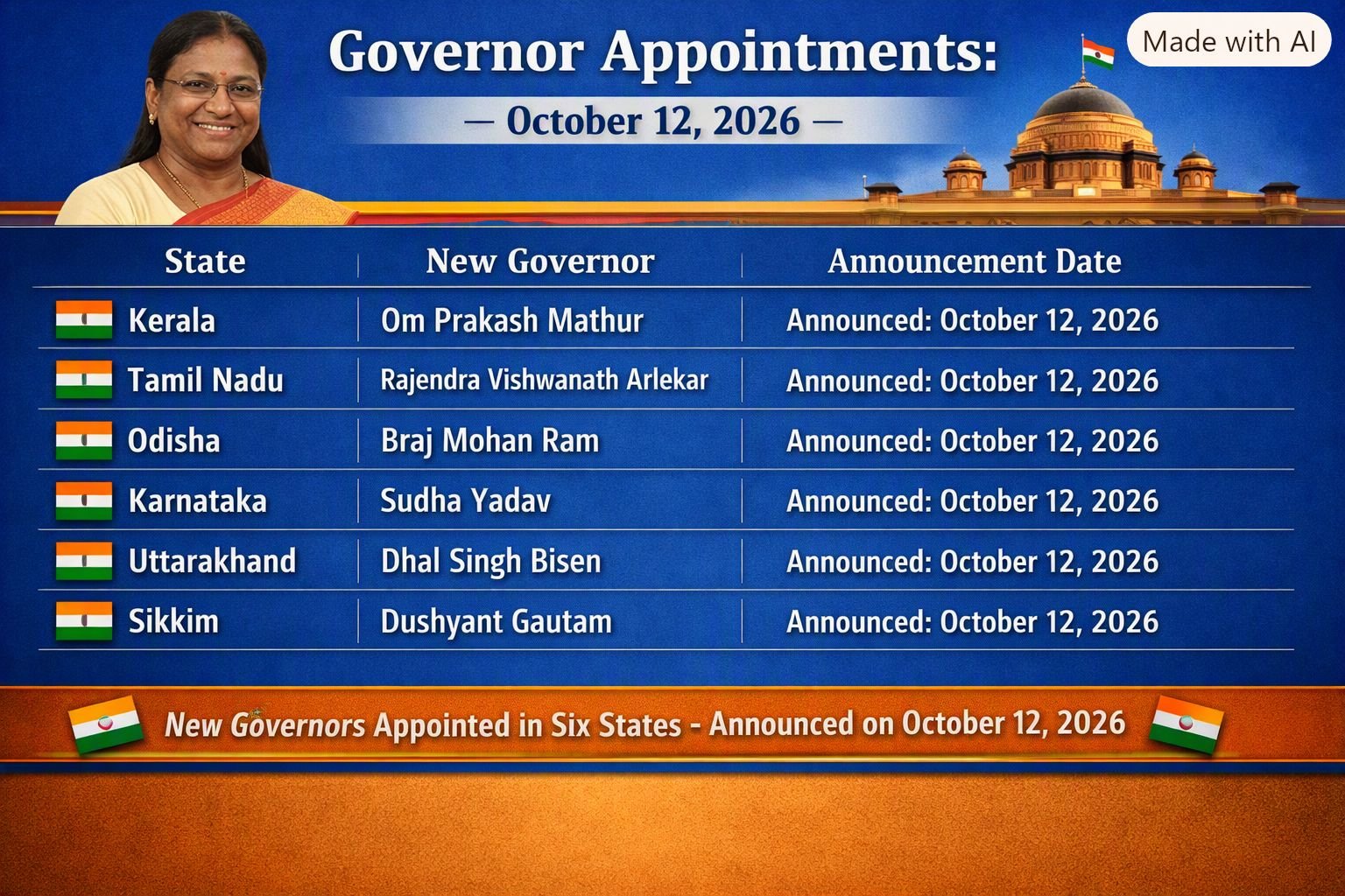 President Murmu Appoints Governors in Six States