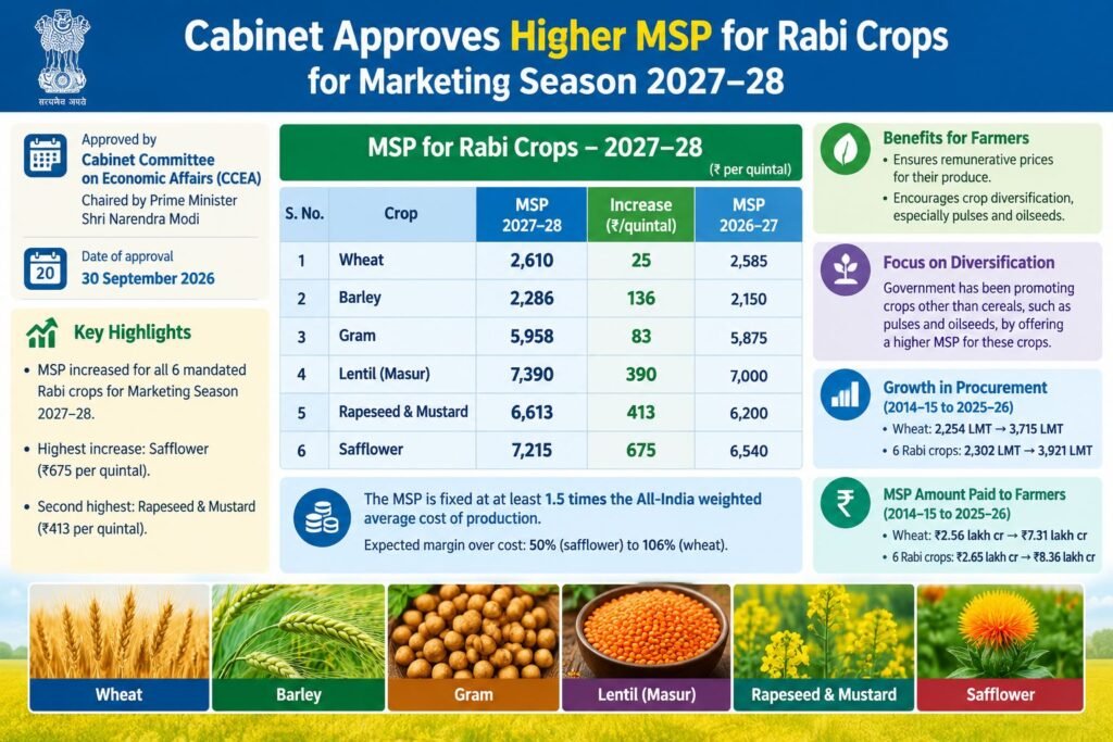 कैबिनेट ने मार्केटिंग सीज़न 2027-28 के लिए रबी फसलों के लिए ज़्यादा MSP को मंज़ूरी दी।
