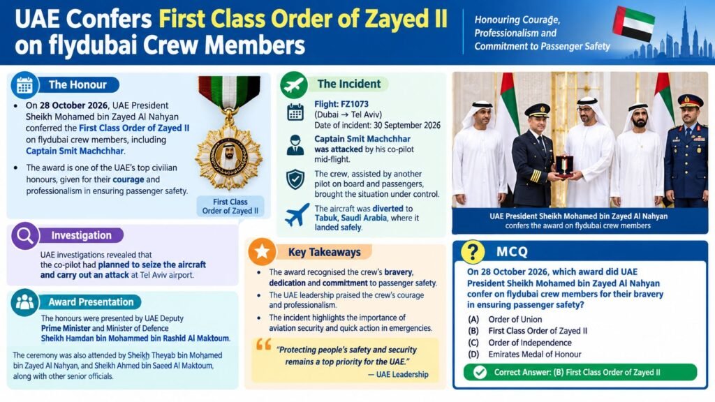 UAE ने फ्लाईदुबई के पायलट कैप्टन स्मित मच्छार को ‘ऑर्डर ऑफ ज़ायद II’ (फर्स्ट क्लास) से सम्मानित किया।